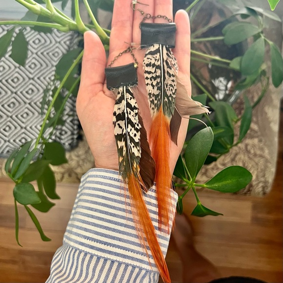 Pheasant Feather and Genuine Leather Extra-Long Dangly Earrings 🌿 - Picture 7 of 10